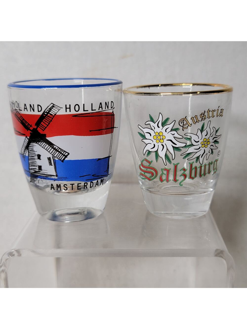 Set of 2 European Mini Shot Glasses: Amsterdam Holland / Salzbury Austria